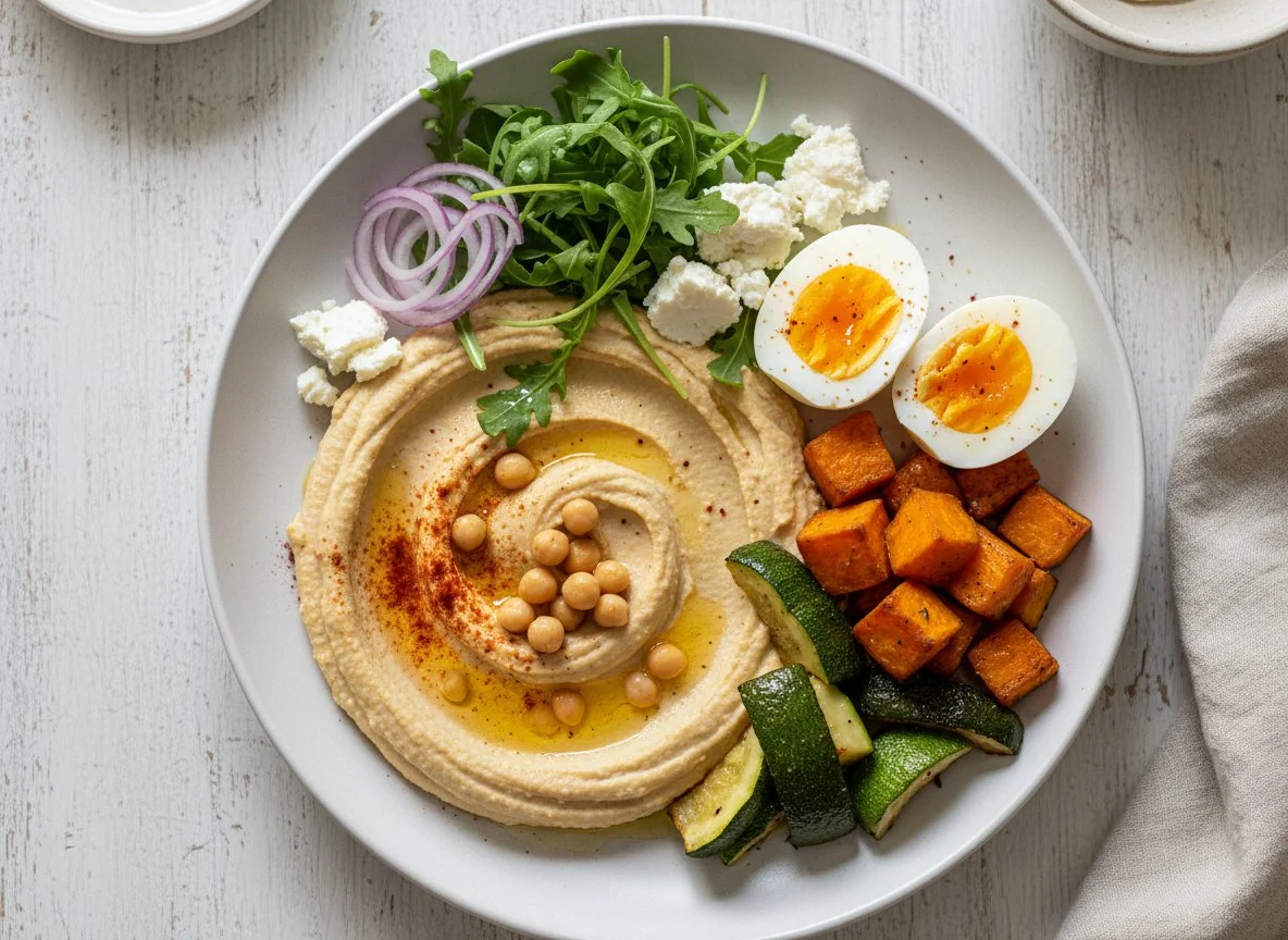 Mediterranean-style Vegetable and Egg Plate with Hummus photo