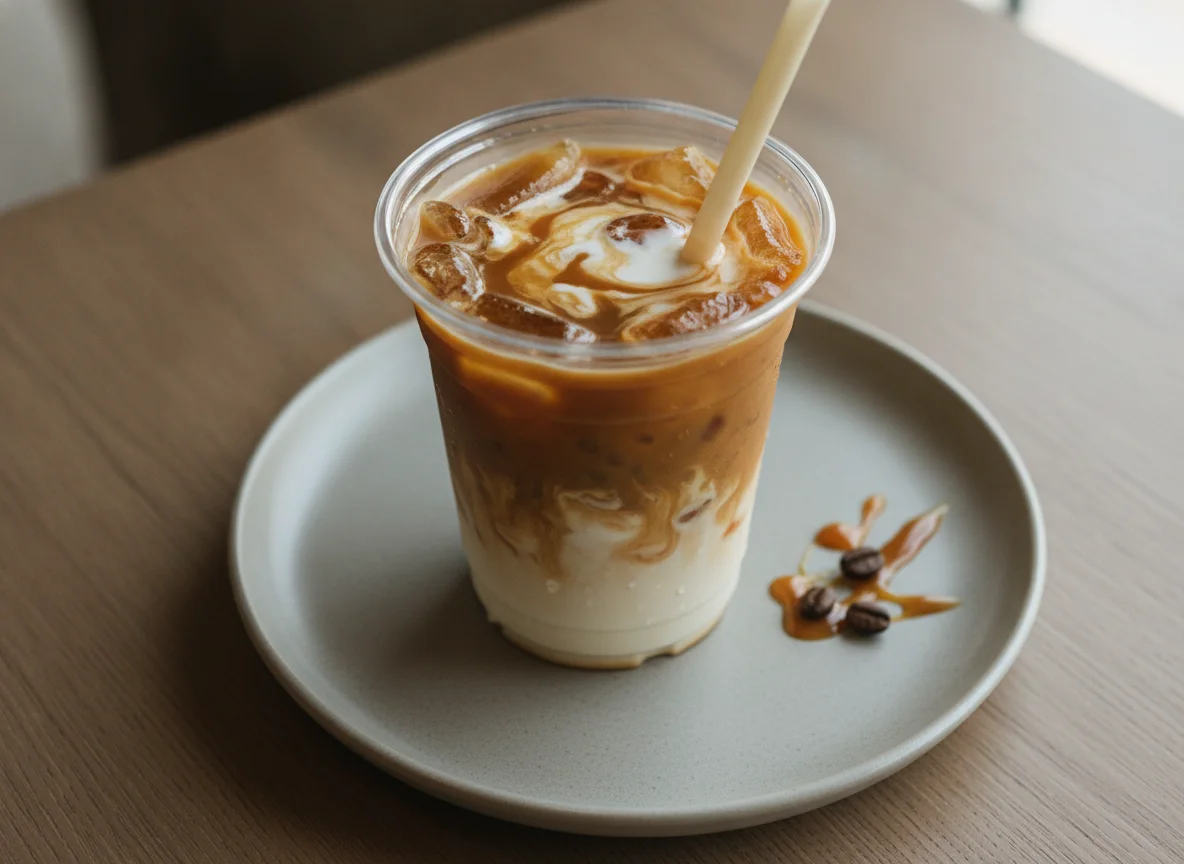 Medium Iced Original Coffee with Caramel Swirl and Cream photo