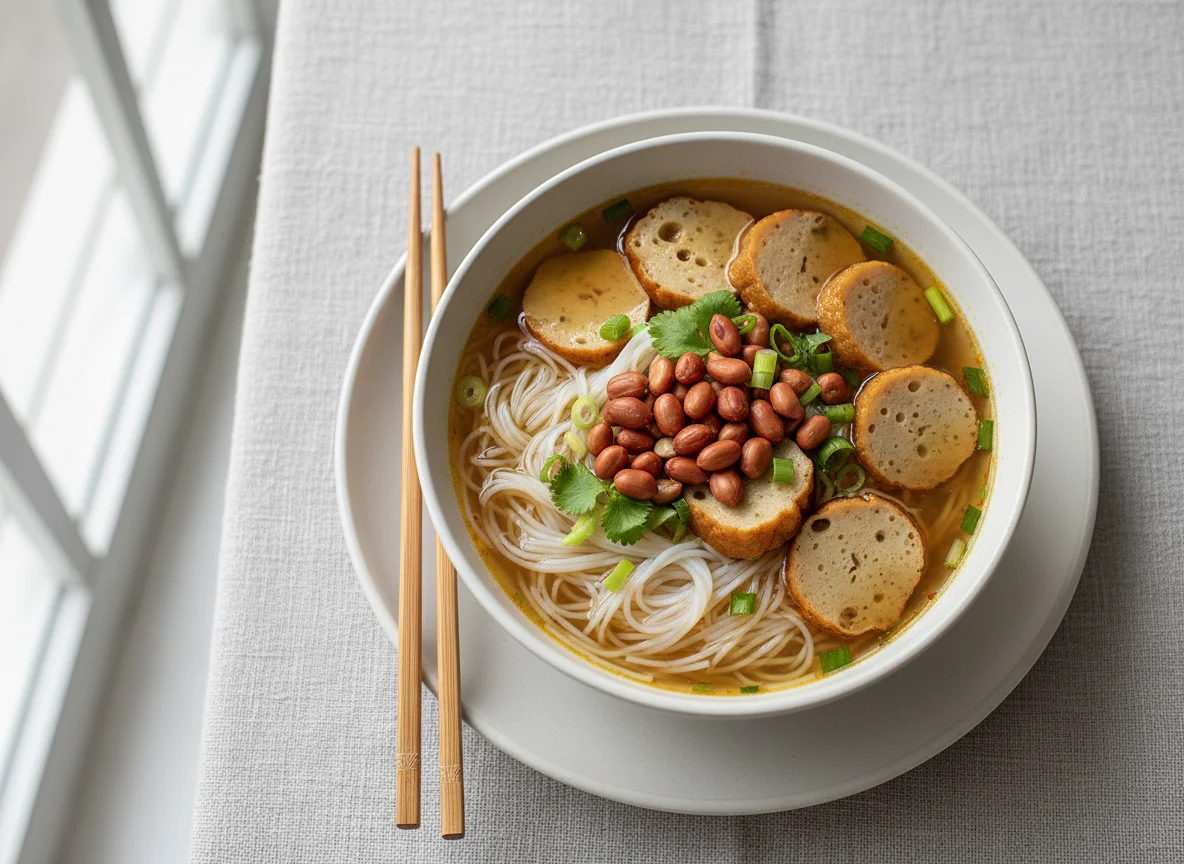 Mee Hoon Soup with Fish Cake and Peanuts photo