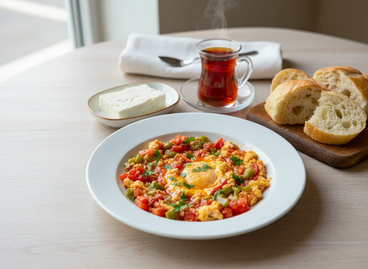 Menemen with Turkish Breakfast Items photo
