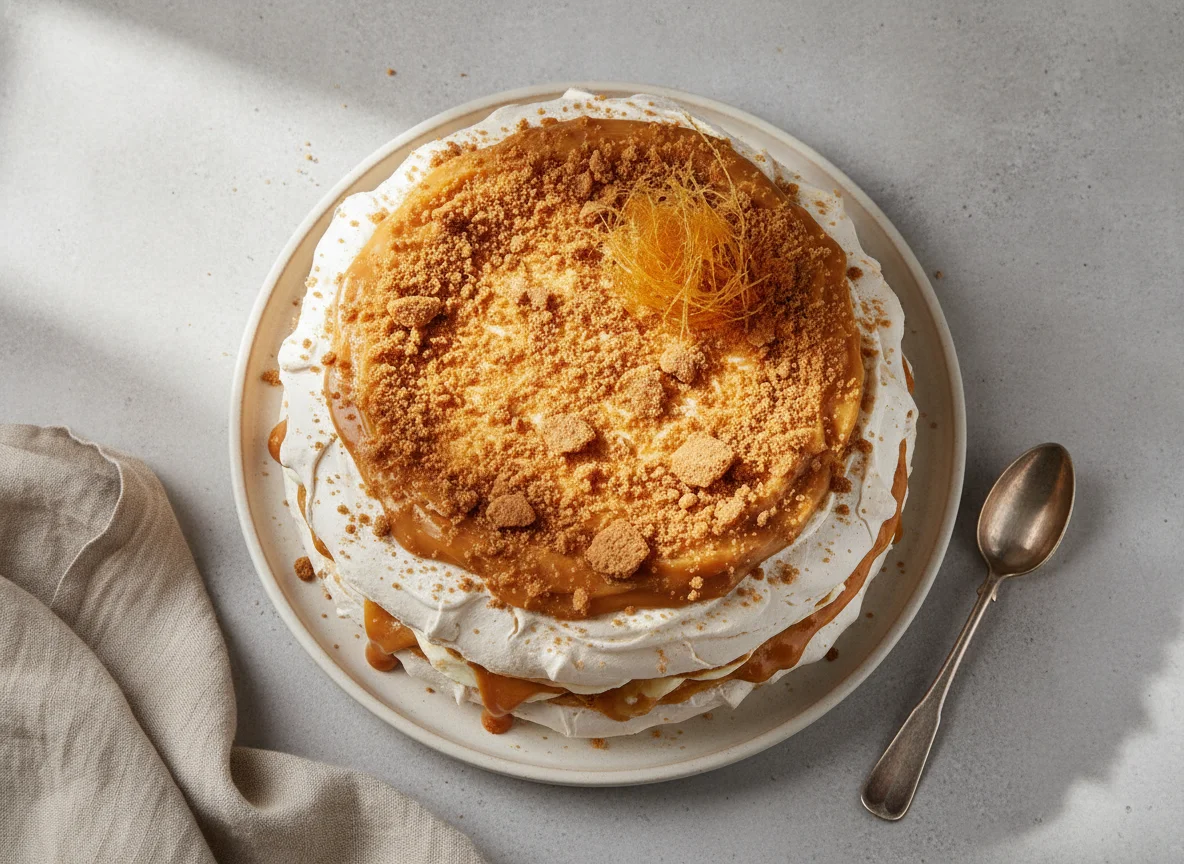 Meringue cake with caramel cream photo