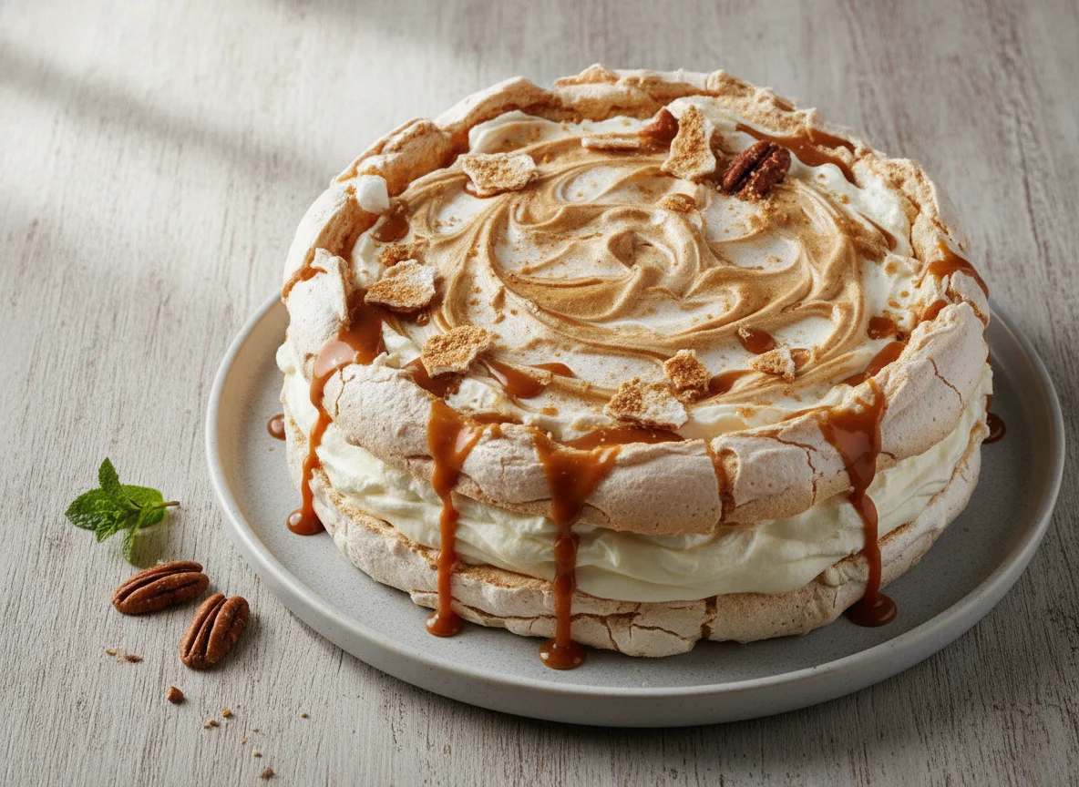 Meringue cake with mascarpone and caramel photo