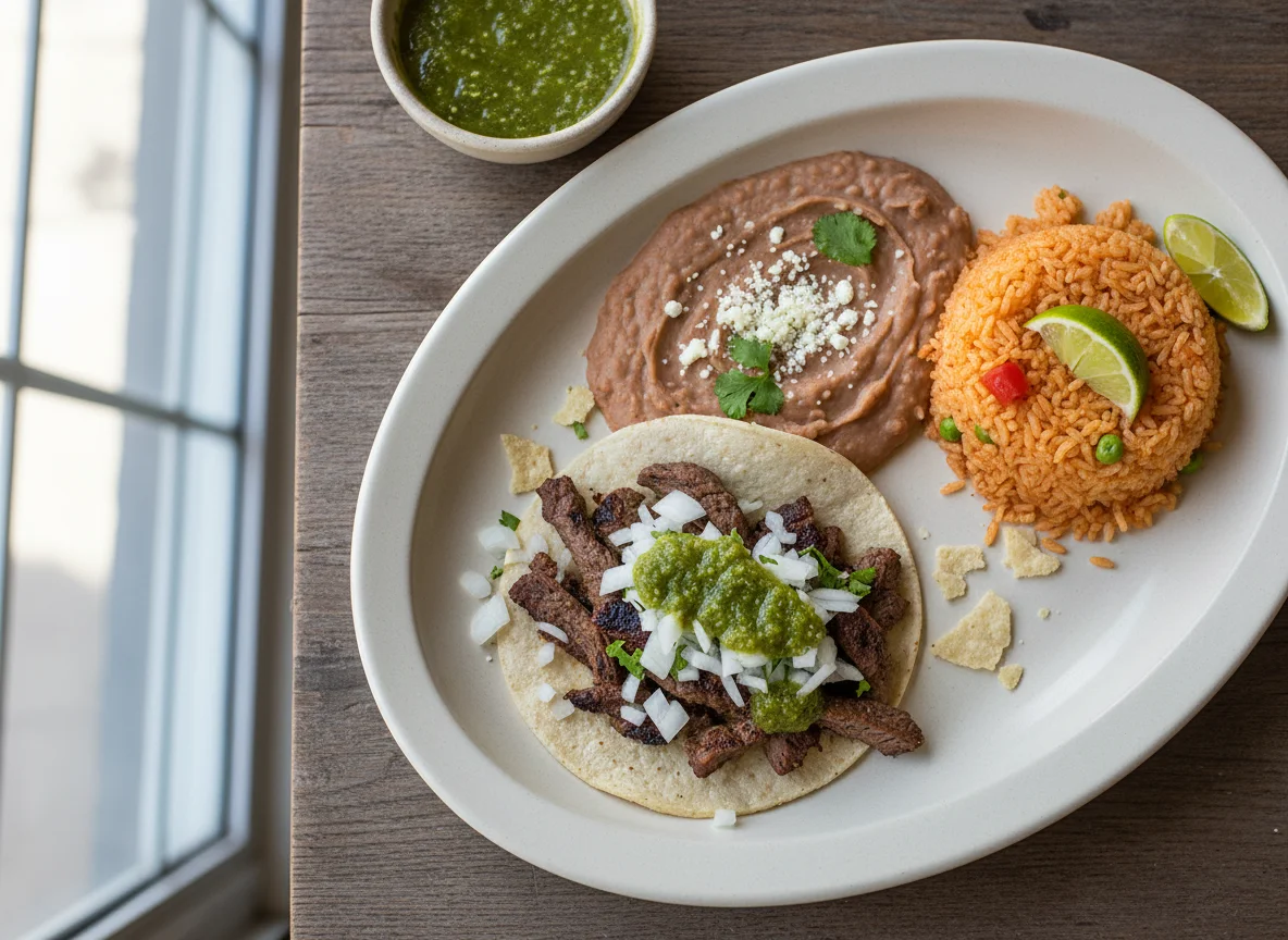 Mexican Combo Plate with Tacos, Rice, and Beans photo