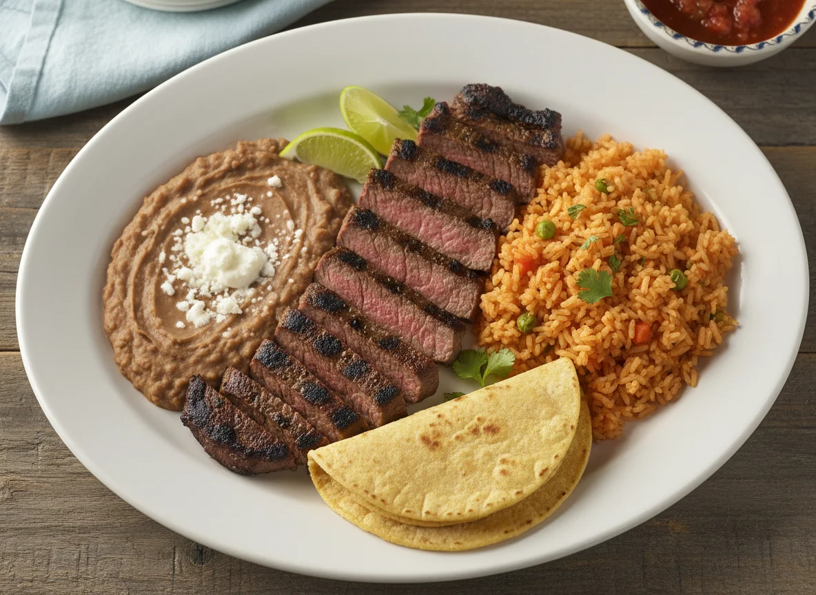Mexican Plate with Steak, Rice, Beans, and Tortilla photo