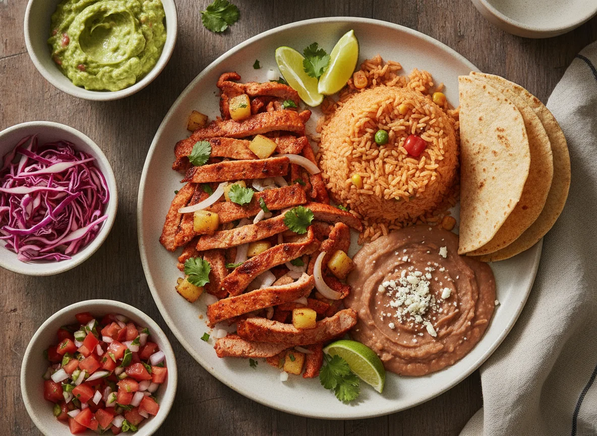 Mexican Platter with Al Pastor Pork, Rice, Beans, and Tortillas photo