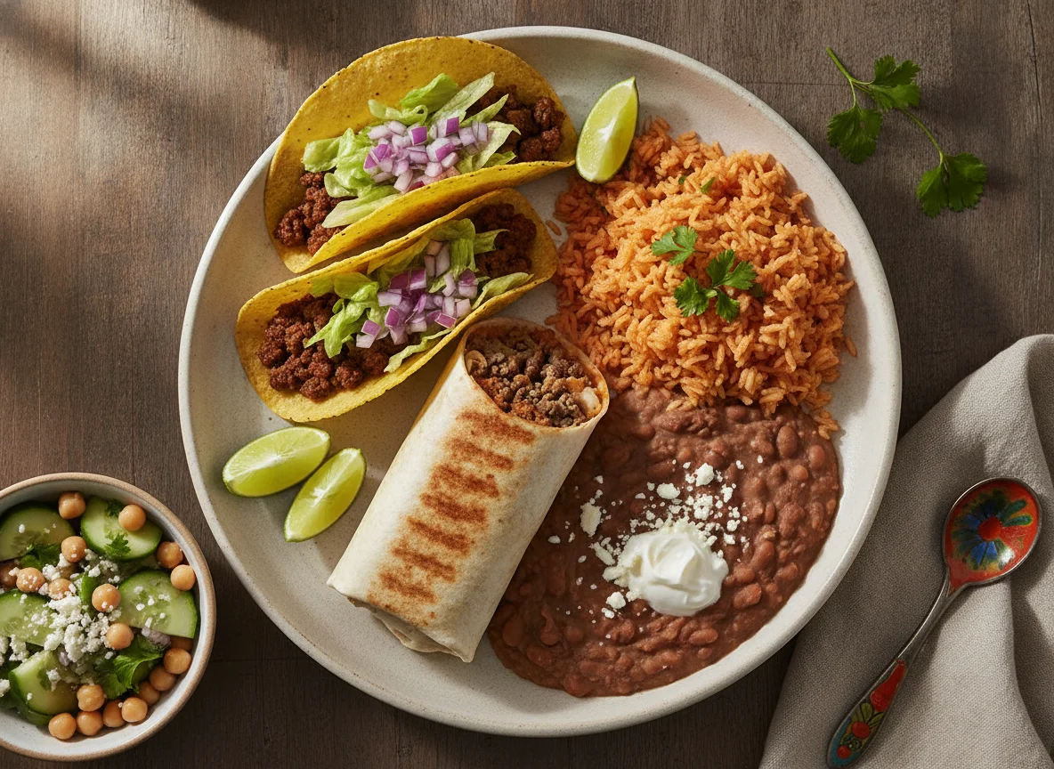 Mexican Platter with Tacos, Burrito, Rice, and Beans photo