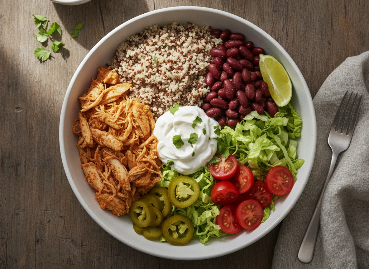 Mexican-style bowl with pulled chicken and quinoa photo