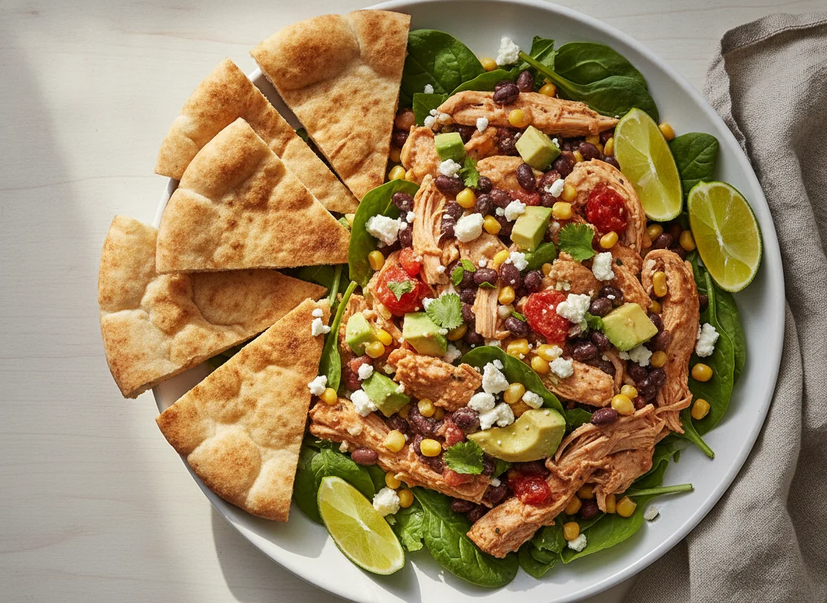 Mexican-style chicken and bean salad with pita bread photo