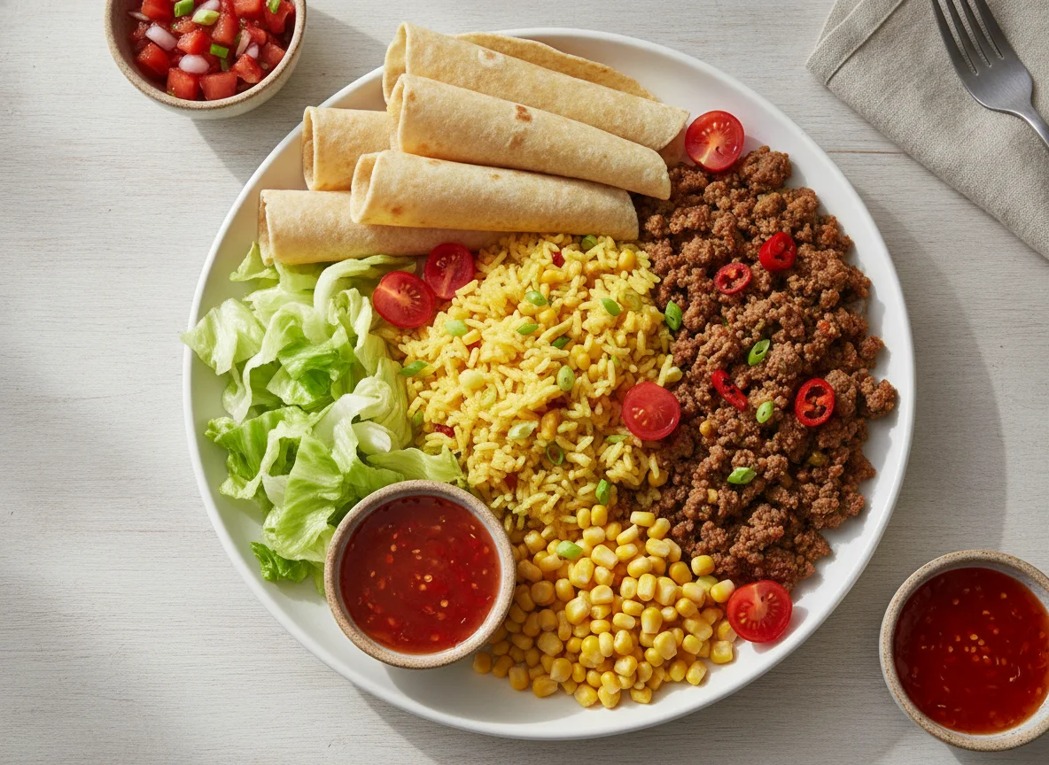 Mexican-style platter with ground beef, rice, and corn photo