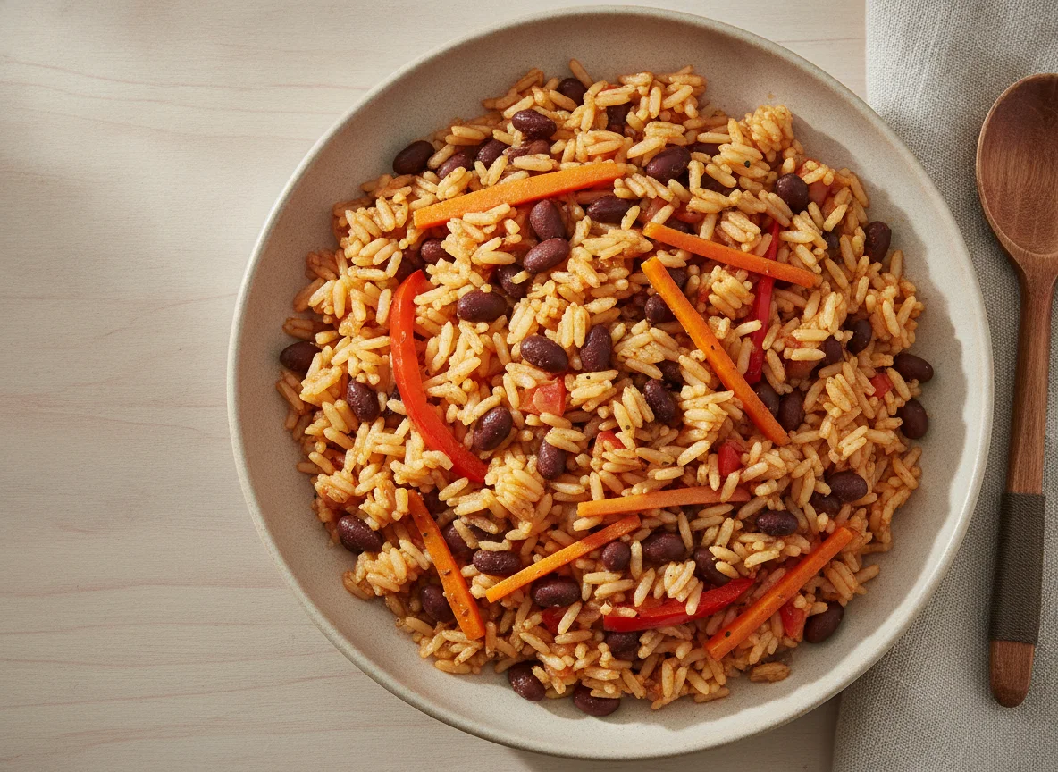 Mexican-style rice with black beans and vegetables photo