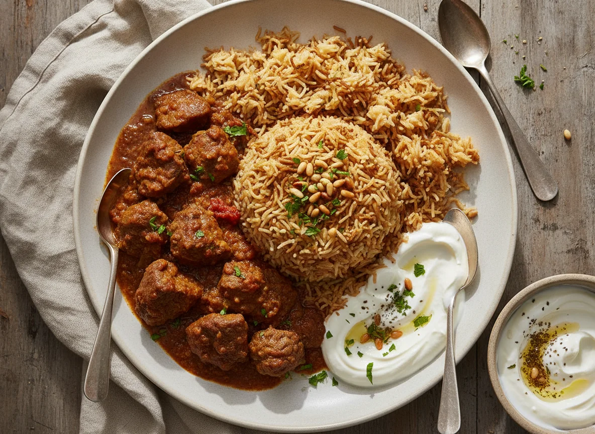 Middle Eastern Meal with Rice, Meat, and Yogurt Sauce photo