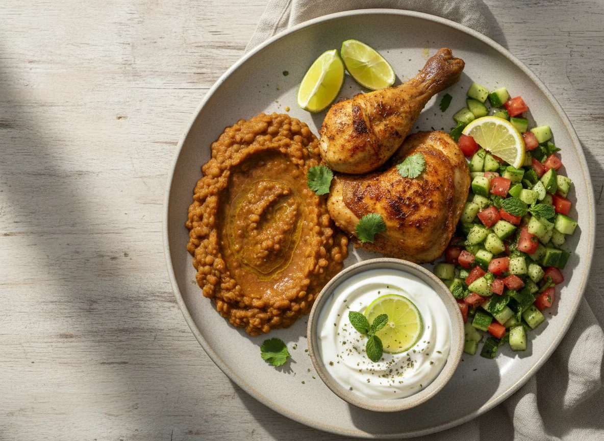 Middle Eastern style meal with chicken, stew, salad, and yogurt photo