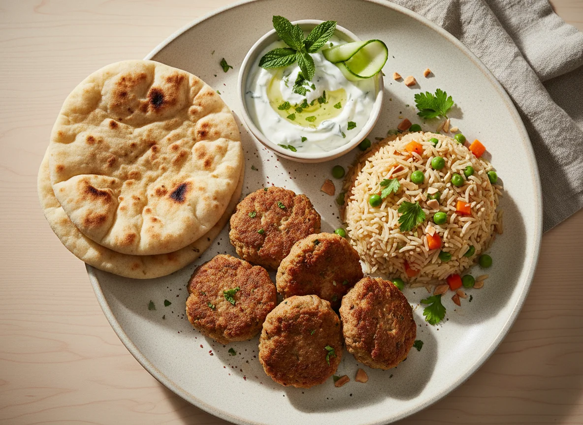 Middle Eastern style meal with fried meat, rice, flatbread and yogurt sauce photo