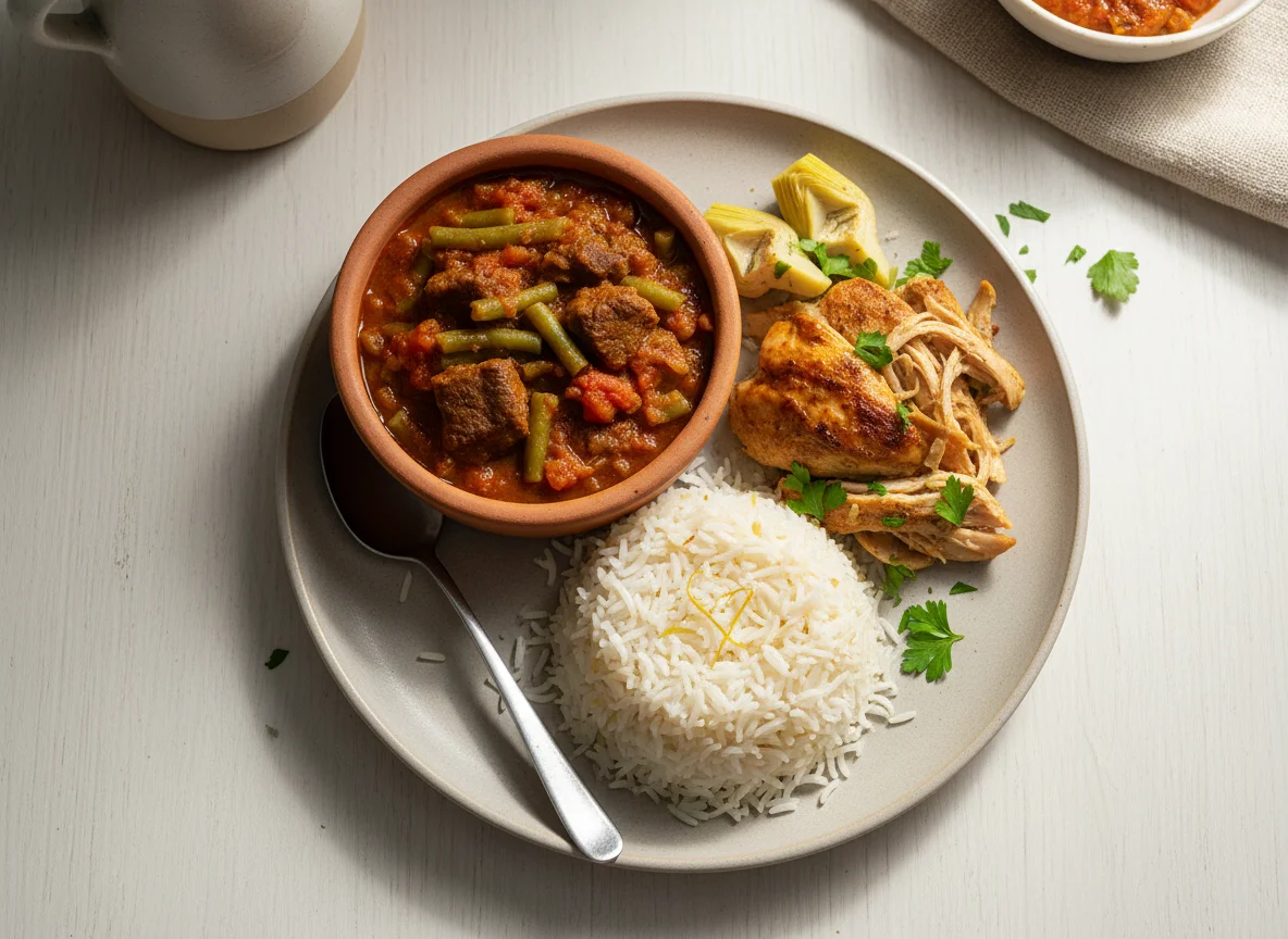 Middle Eastern style meal with rice, stew, and chicken photo