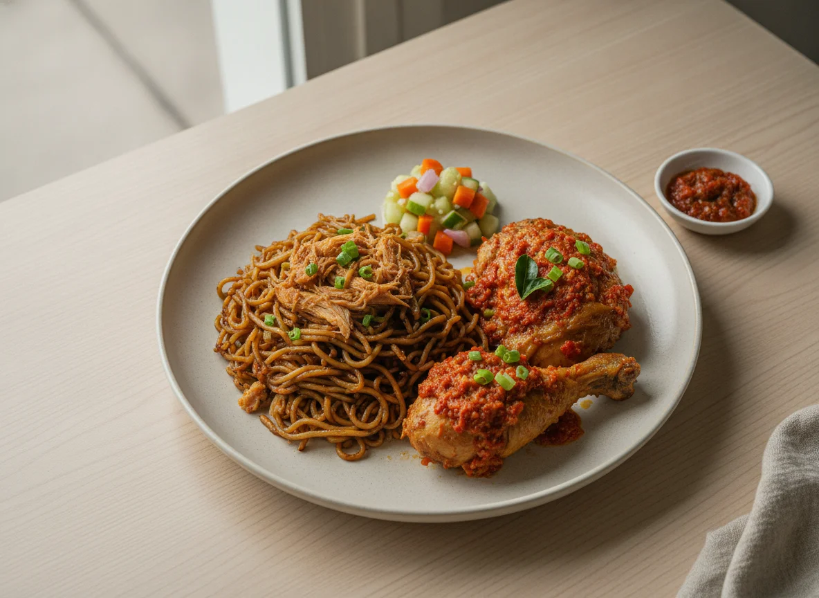 Mie Goreng with Ayam Balado and Acar photo