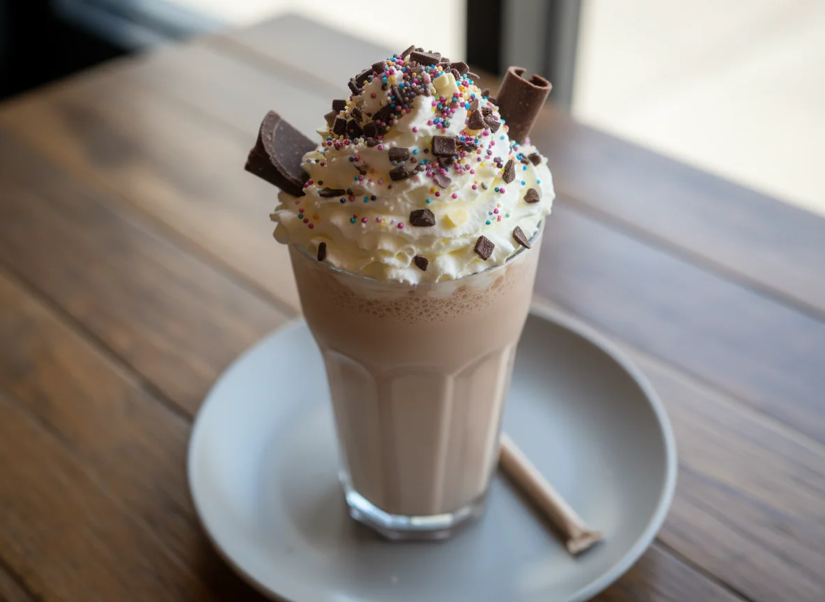 Milkshake with whipped cream, sprinkles and chocolate photo