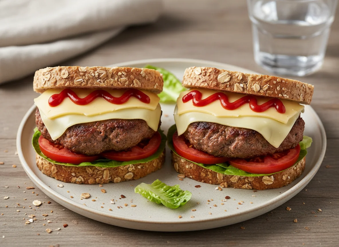 Minced beef 225g sandwiches with oat bread and cheese photo