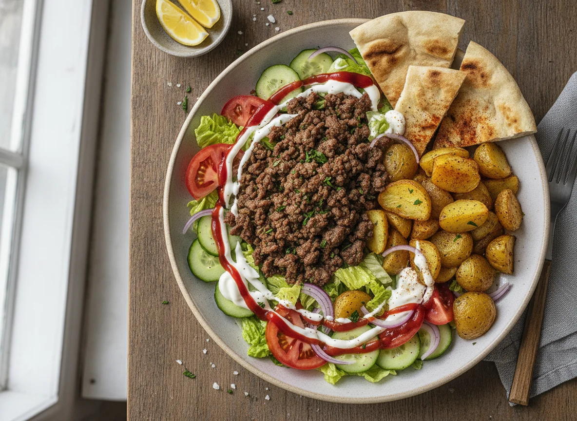 Minced Beef and Baked Potato Salad with Flatbread photo