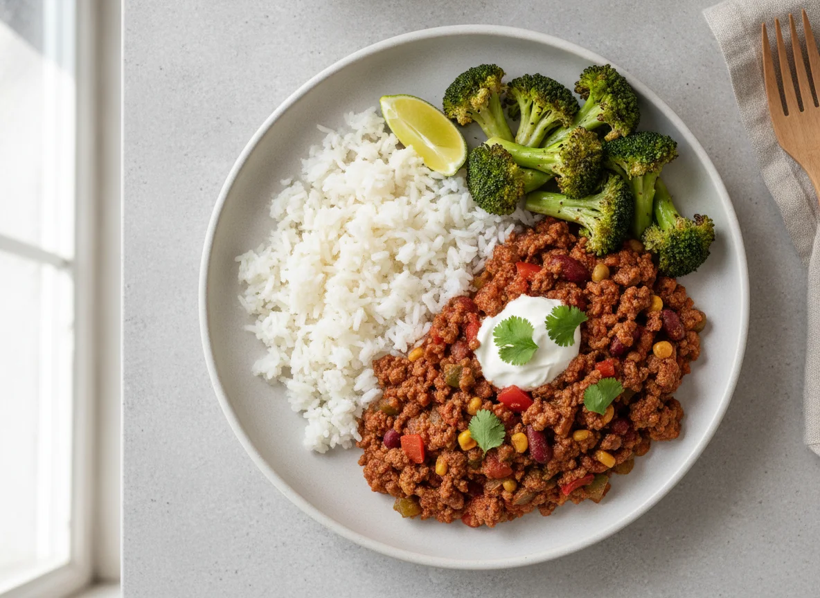 Minced Beef Chilli with Rice and Broccoli photo