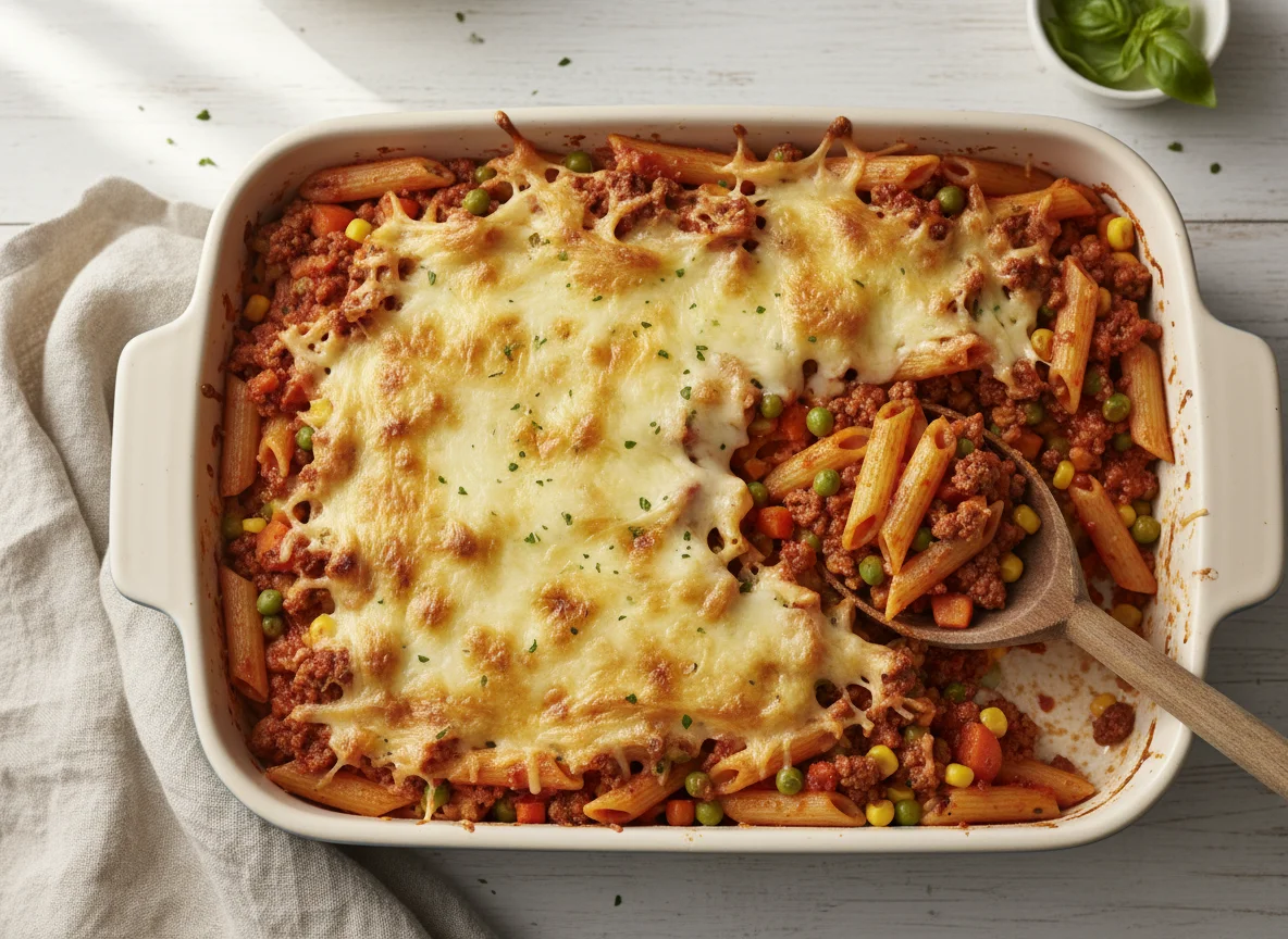 Minced Beef Pasta Bake with Mixed Vegetables and Cheese photo