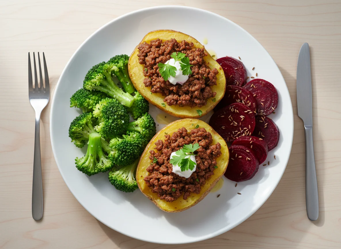 Minced Beef Stuffed Potatoes with Broccoli and Beetroot photo