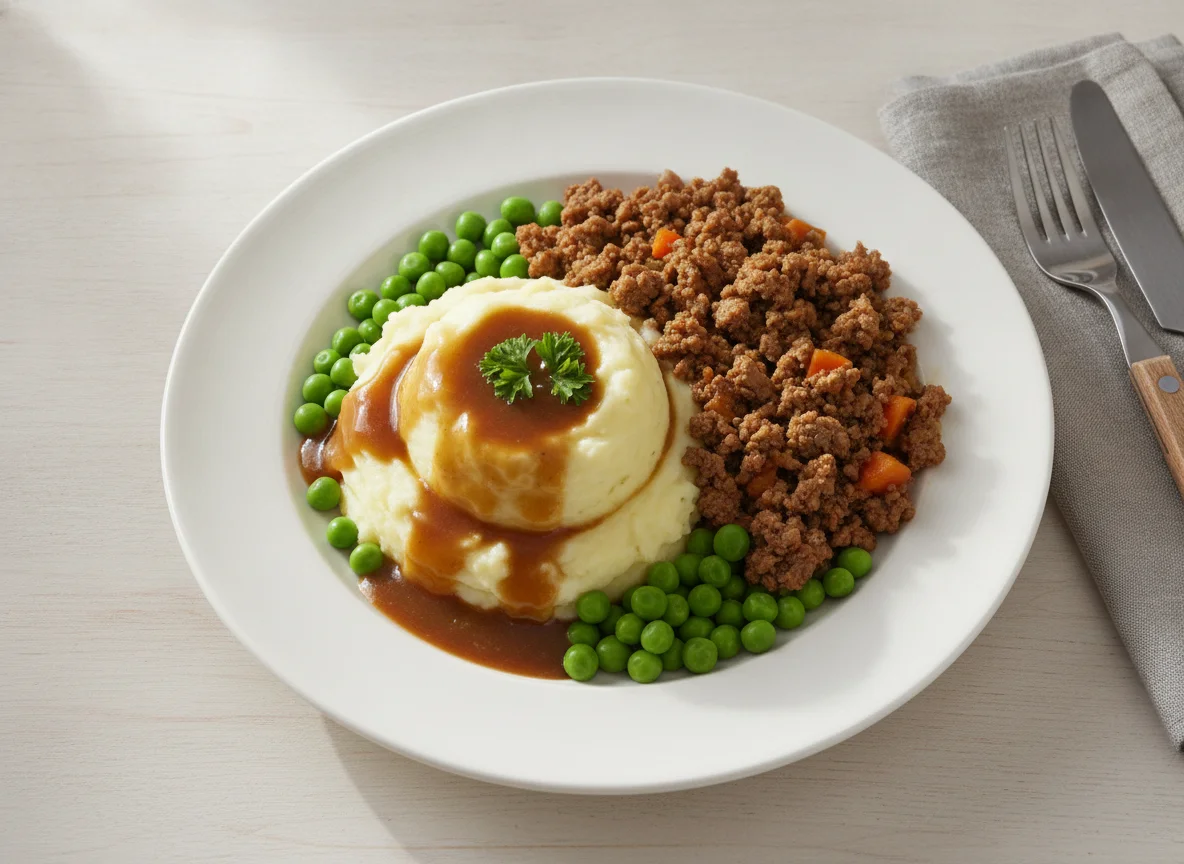 Minced beef with mashed potatoes and peas photo