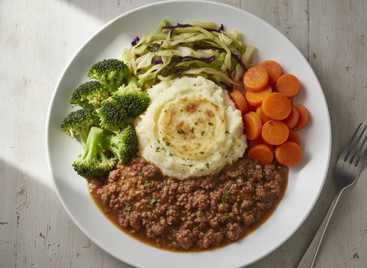 Minced Beef with Mashed Potatoes and Vegetables photo