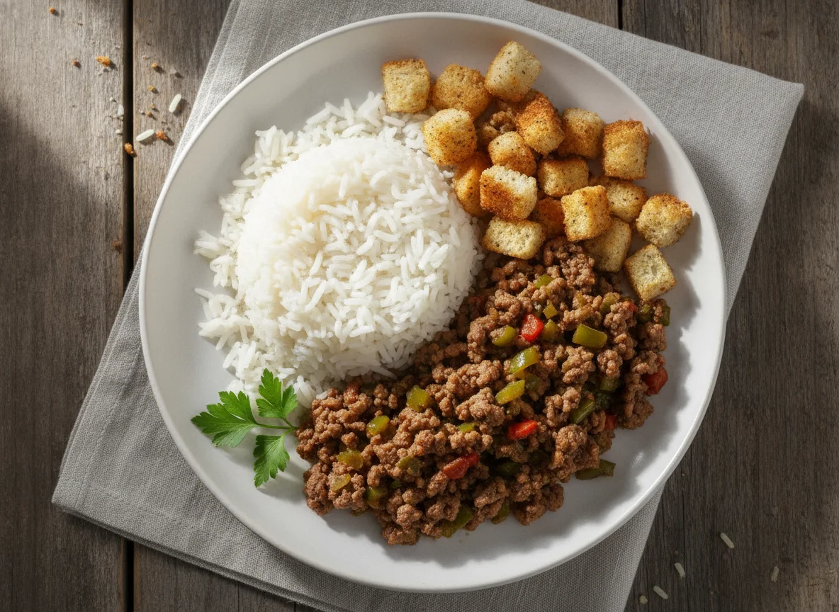 Minced beef with rice and croutons photo