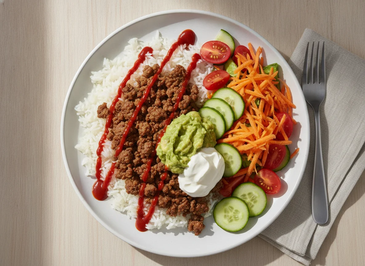 Minced beef with rice and salad photo