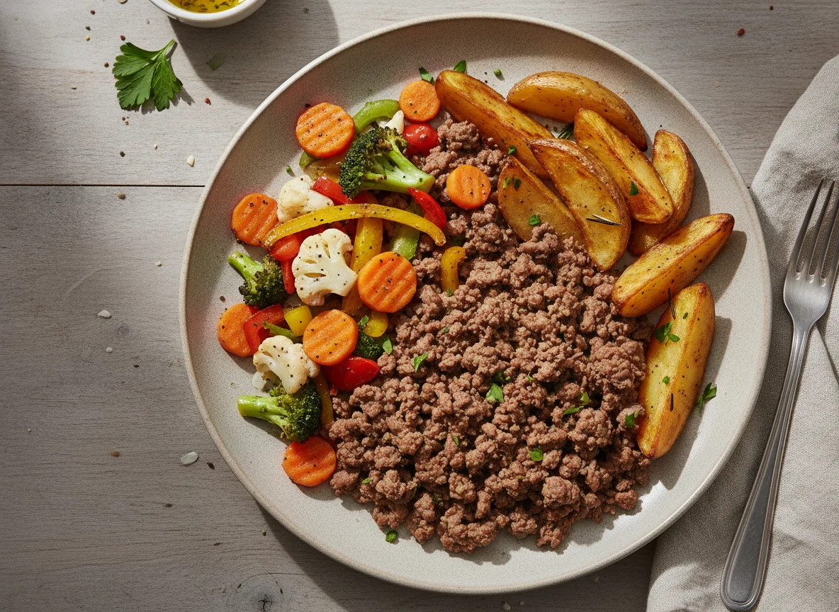 Minced beef with roasted potatoes and mixed vegetables photo