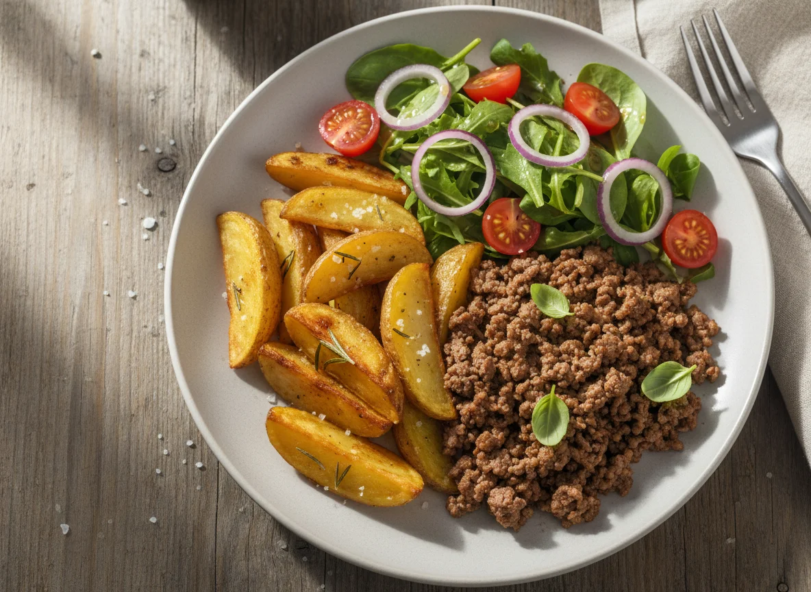 Minced Beef with Roasted Potatoes and Salad photo