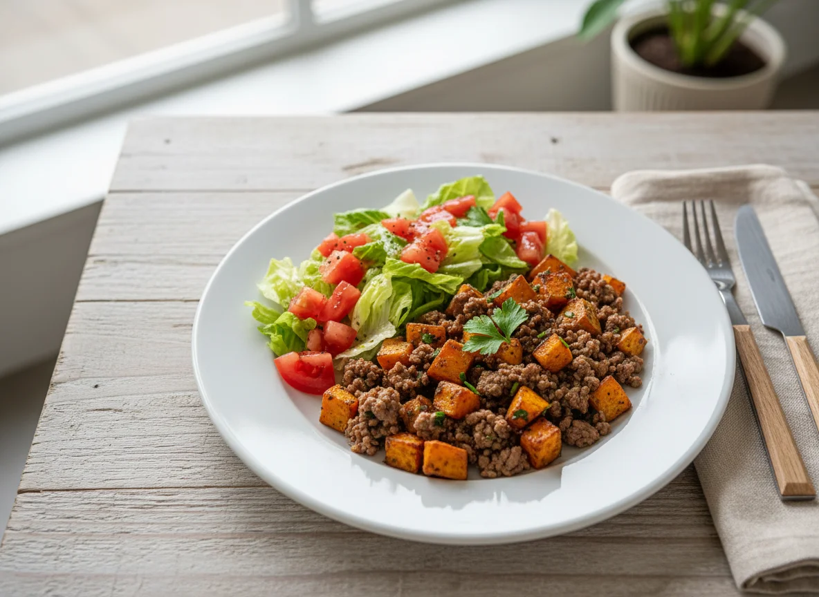 Minced Beef with Sweet Potato and Salad photo