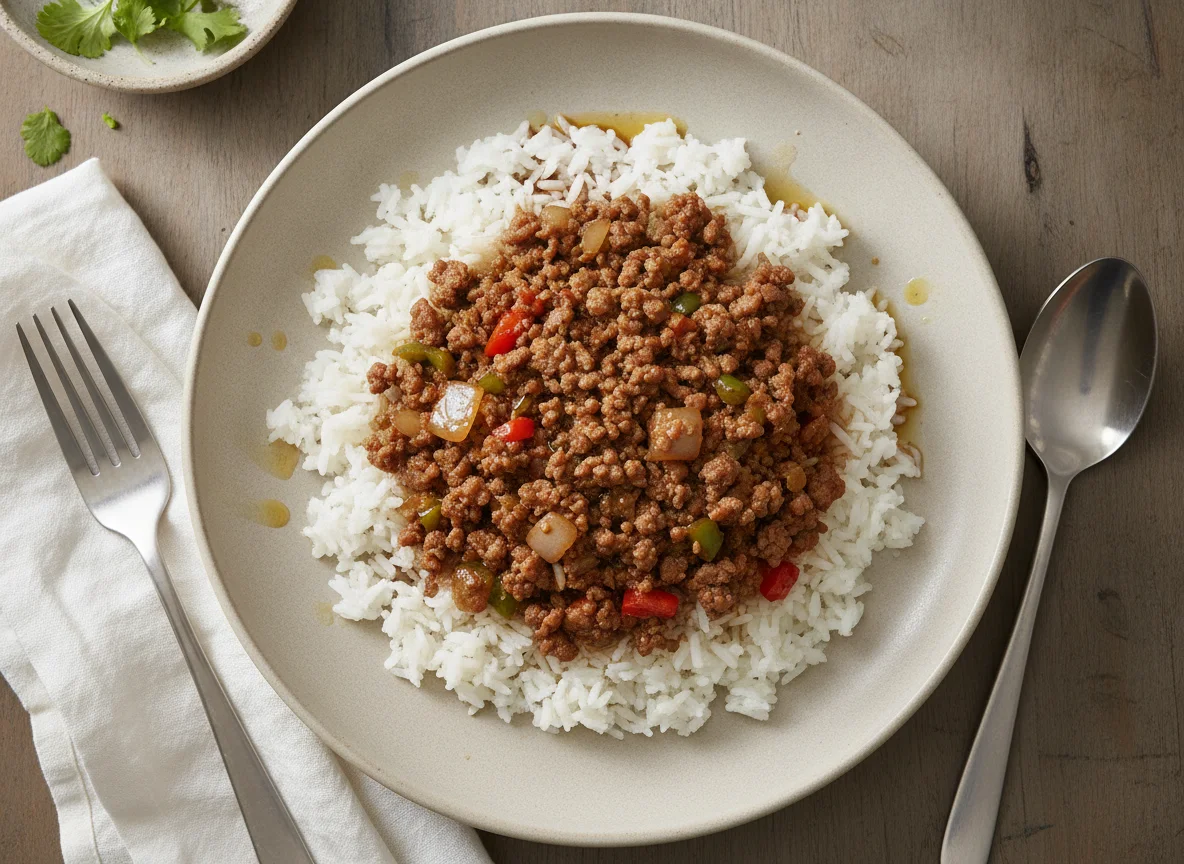Minced beef with white rice photo