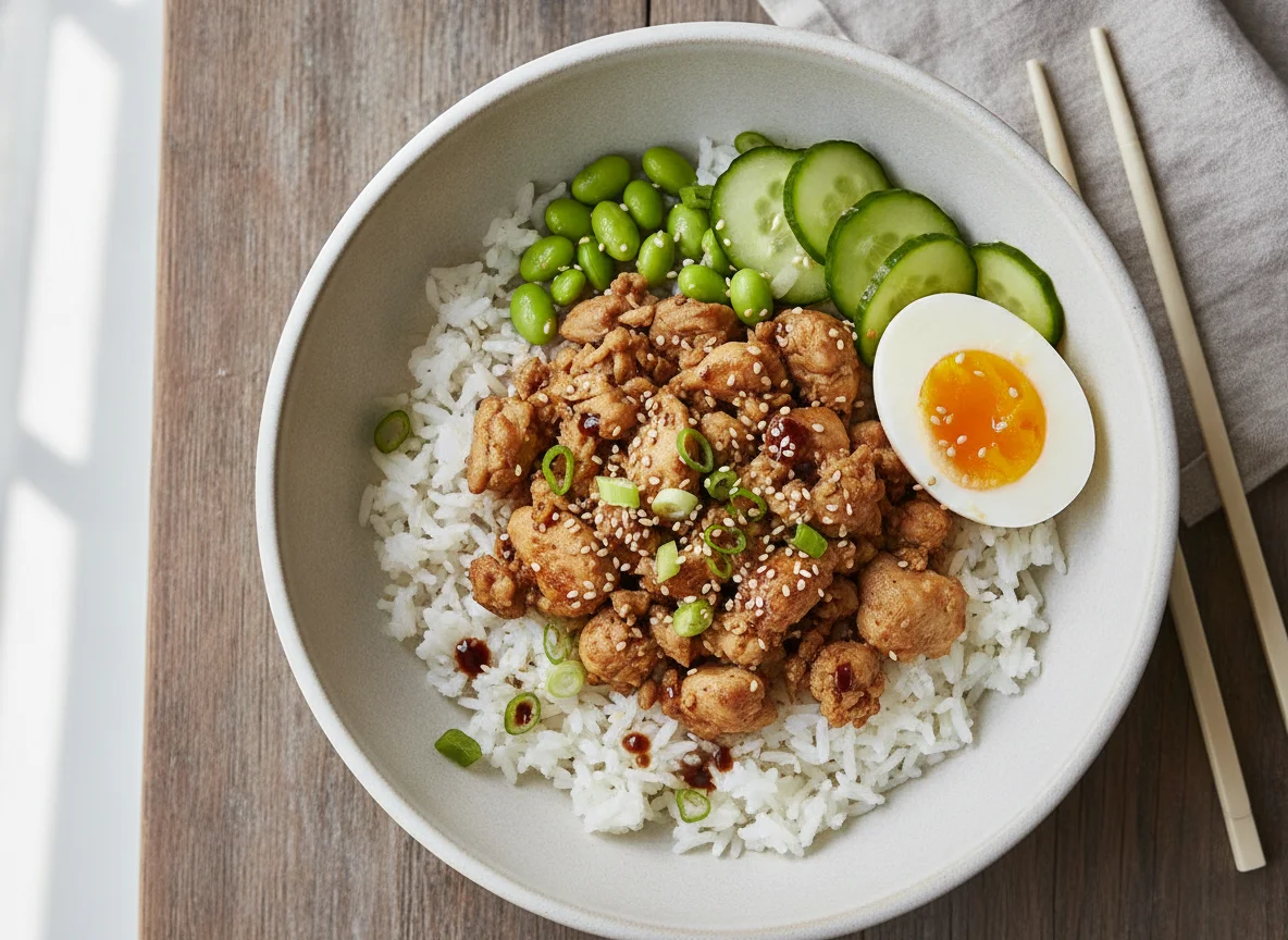 Minced Chicken Rice Bowl with Edamame and Egg photo