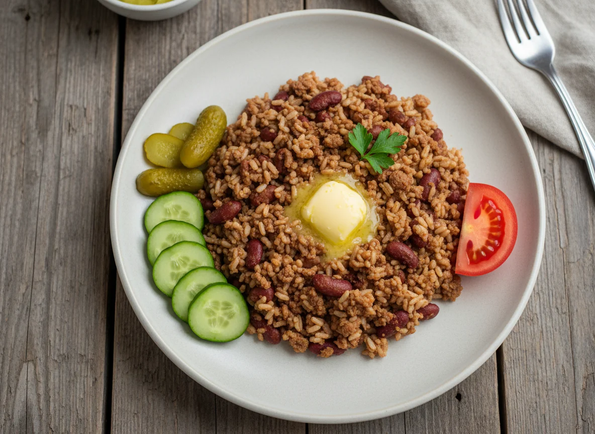 Minced Meat and Bean Rice with Salad photo