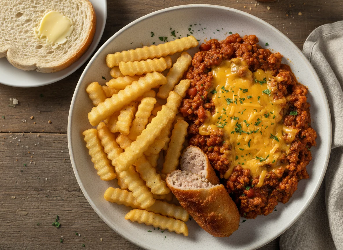 Minced meat and tomato dish with chips, cheese, and bread and butter photo