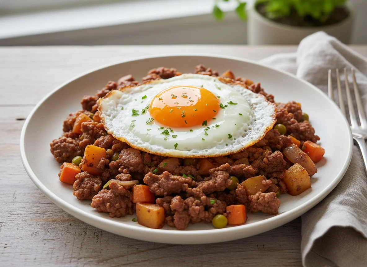 Minced Meat and Vegetable Hash with Fried Egg photo