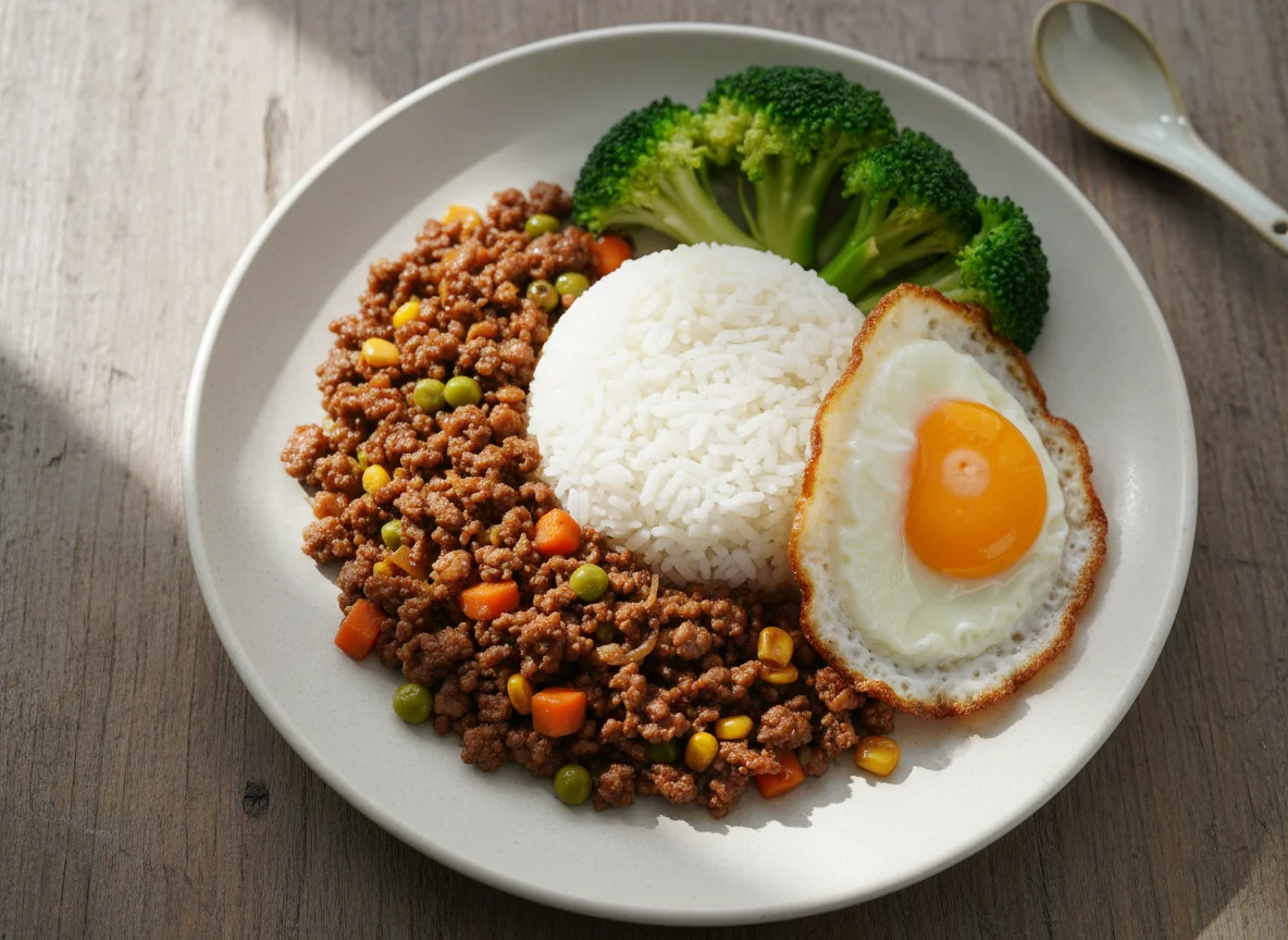 Minced Meat and Vegetable Stir-fry with Rice, Fried Egg, and Broccoli photo