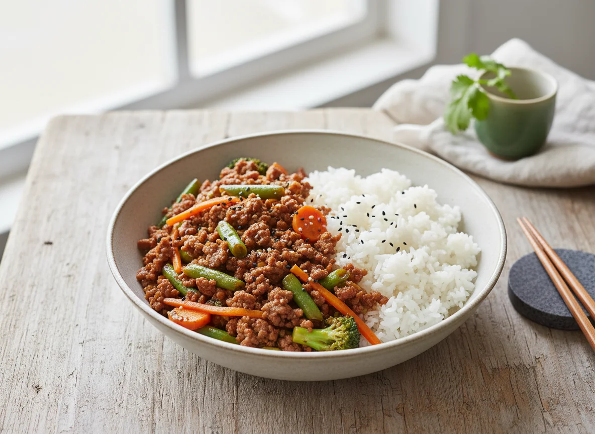 Minced Meat and Vegetable Stir-fry with Rice photo