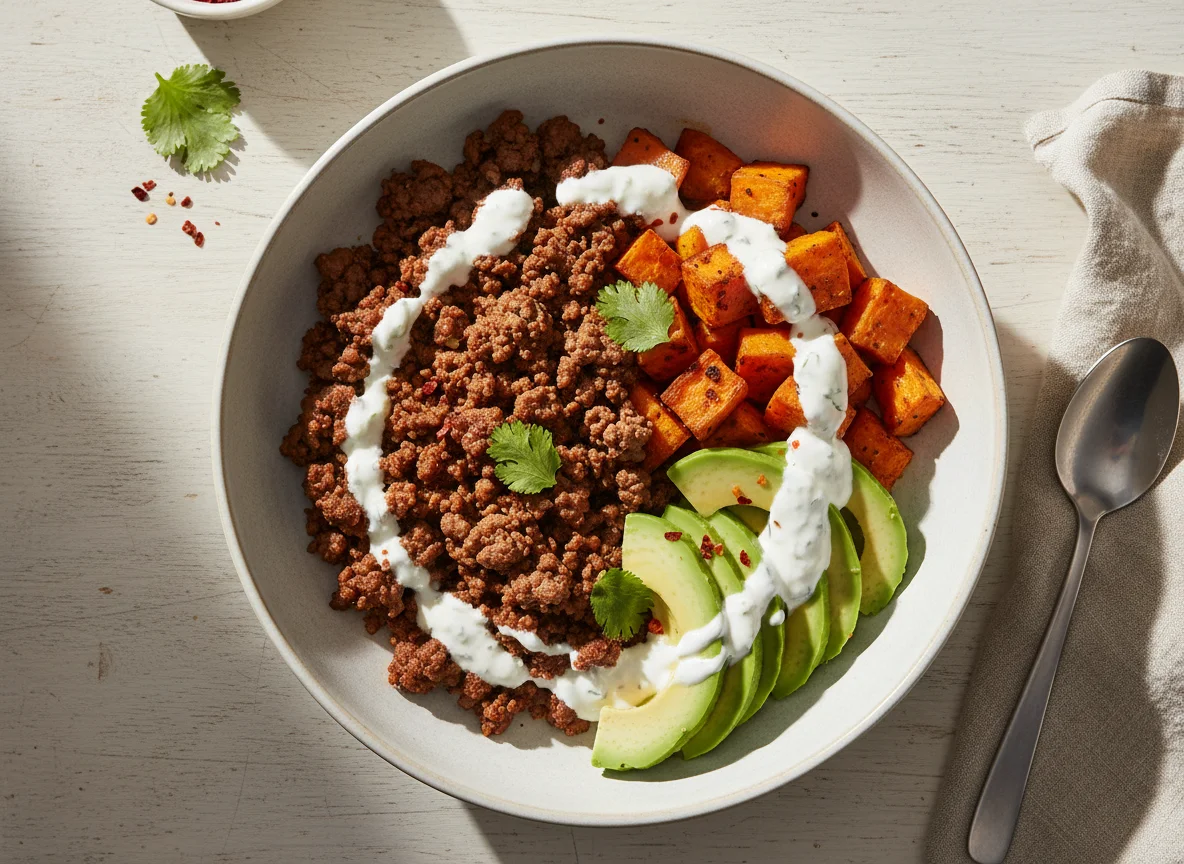 Minced Meat, Avocado, Sweet Potato, and Creamy Sauce Bowl photo