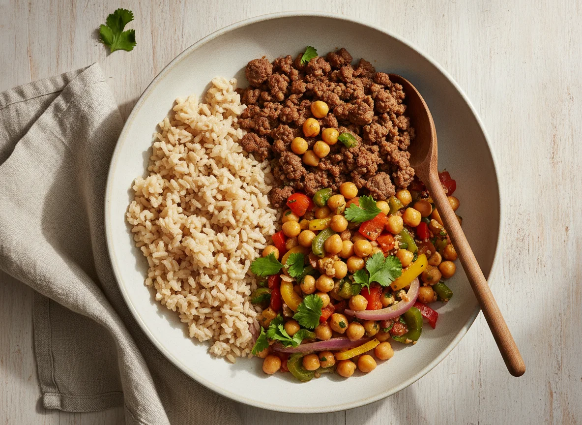 Minced Meat, Chickpea Stir-fry and Brown Rice Bowl photo