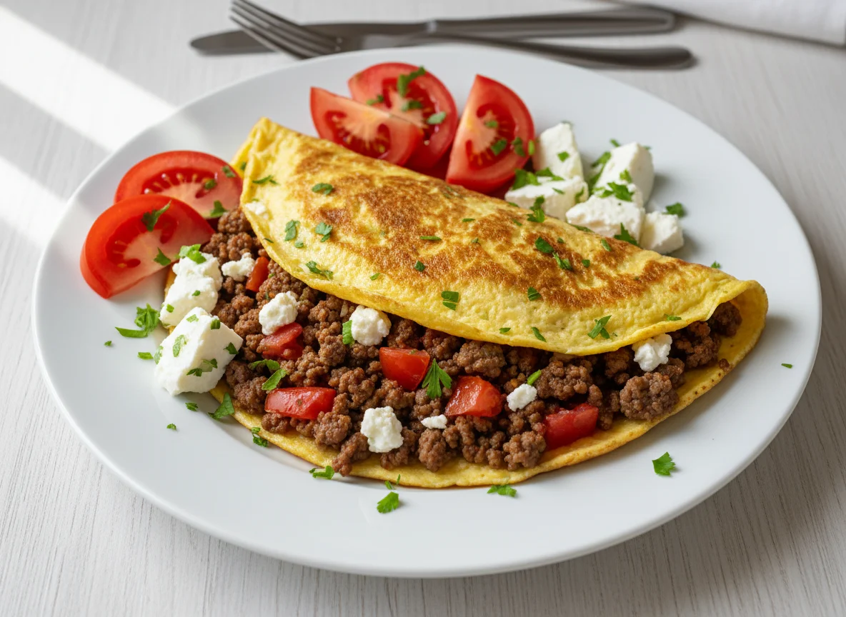 Minced Meat Omelette with Feta and Tomato photo