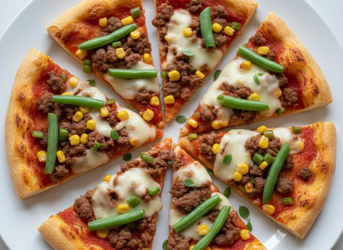 Minced Meat Pizza Slices with Green Beans photo