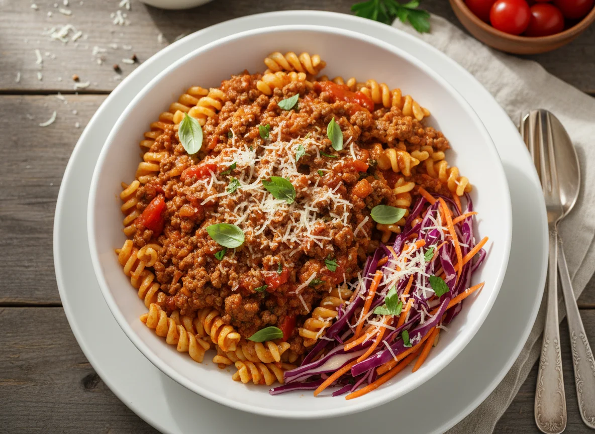 Minced Meat Sauce with Pasta and Salad photo