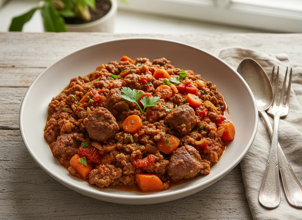 Minced Meat Stew with Carrots and Tomatoes photo
