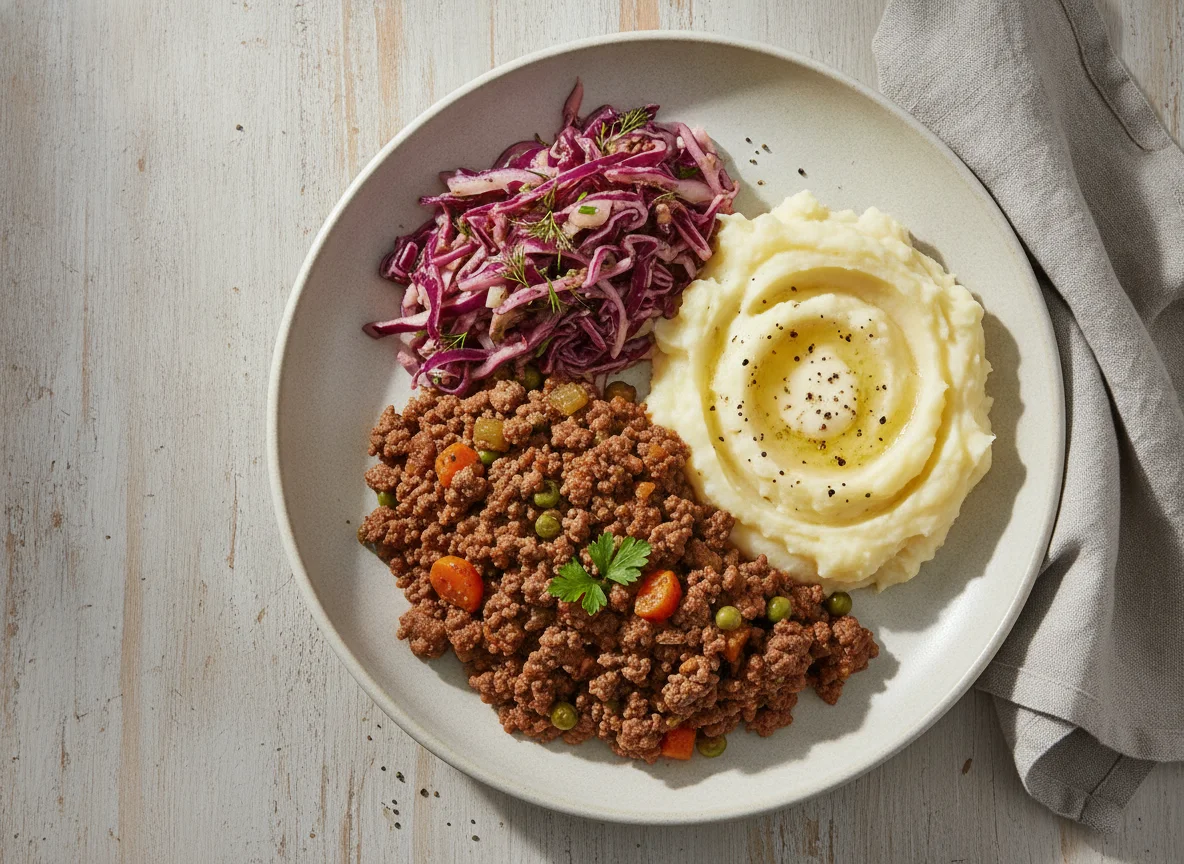 Minced Meat Stew with Mashed Potatoes and Cabbage Salad photo