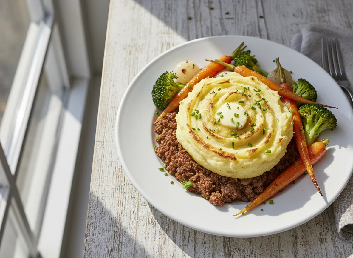 Minced Meat with Mashed Potatoes and Vegetables photo