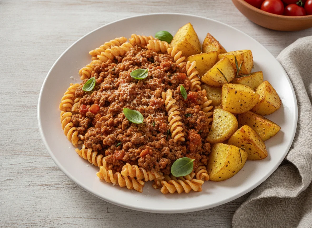 Minced Meat with Pasta and Roasted Potatoes photo
