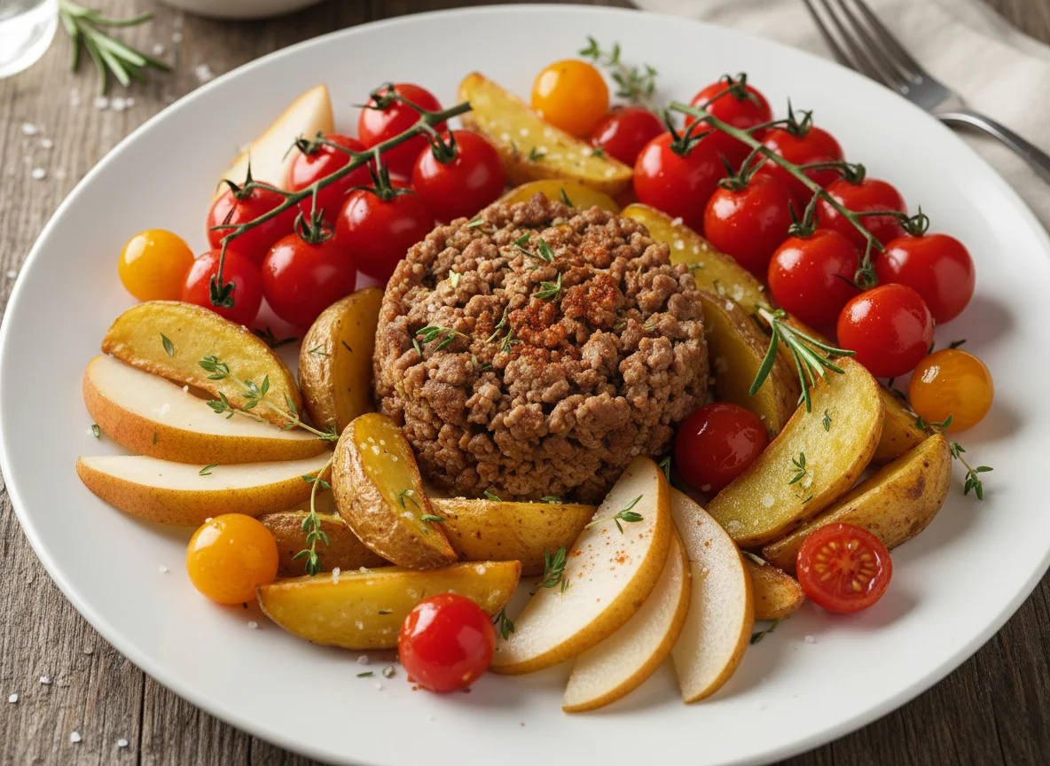 Minced meat with potato wedges, cherry tomatoes and pear photo