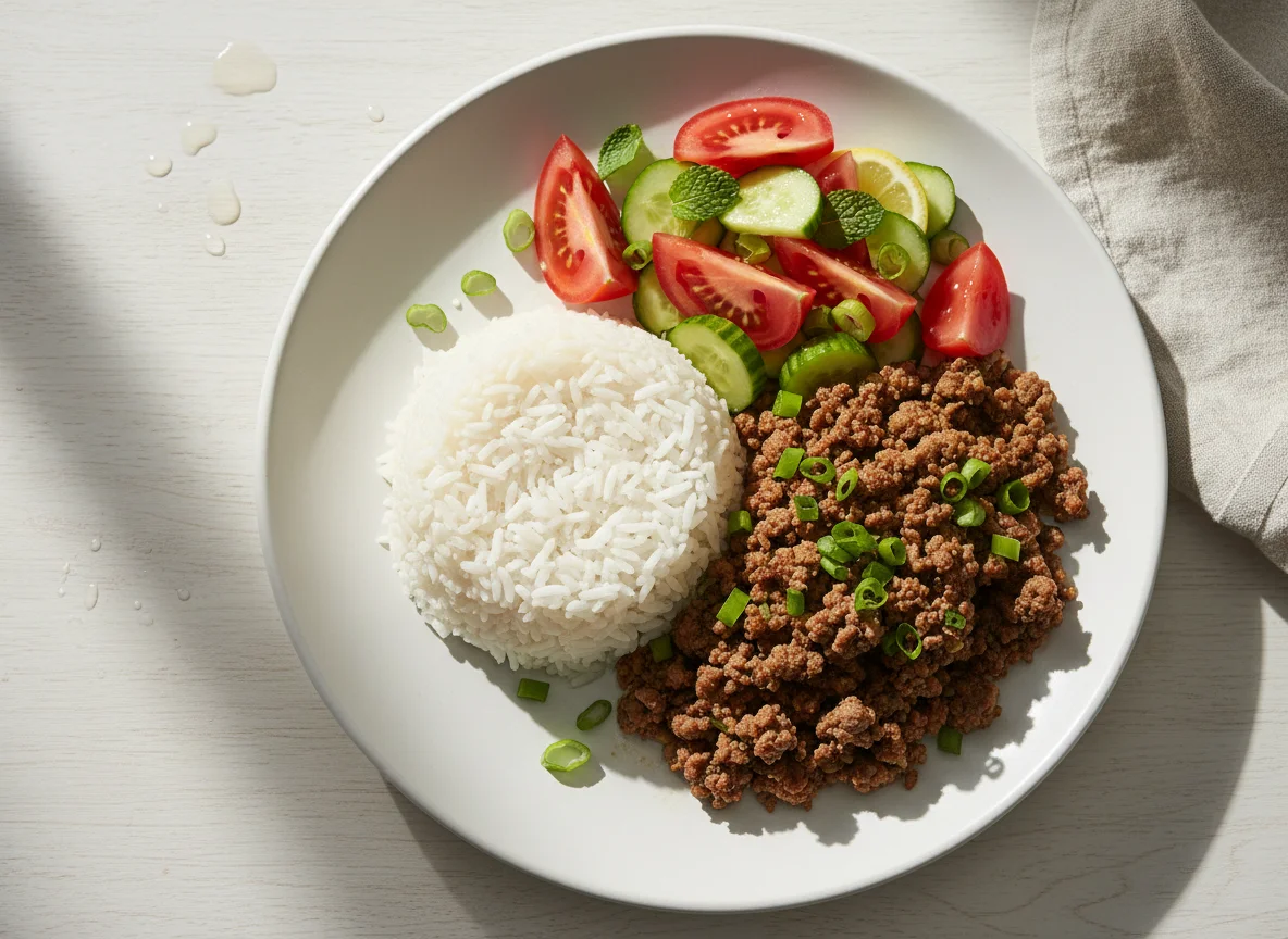 Minced Meat with Rice and Salad photo